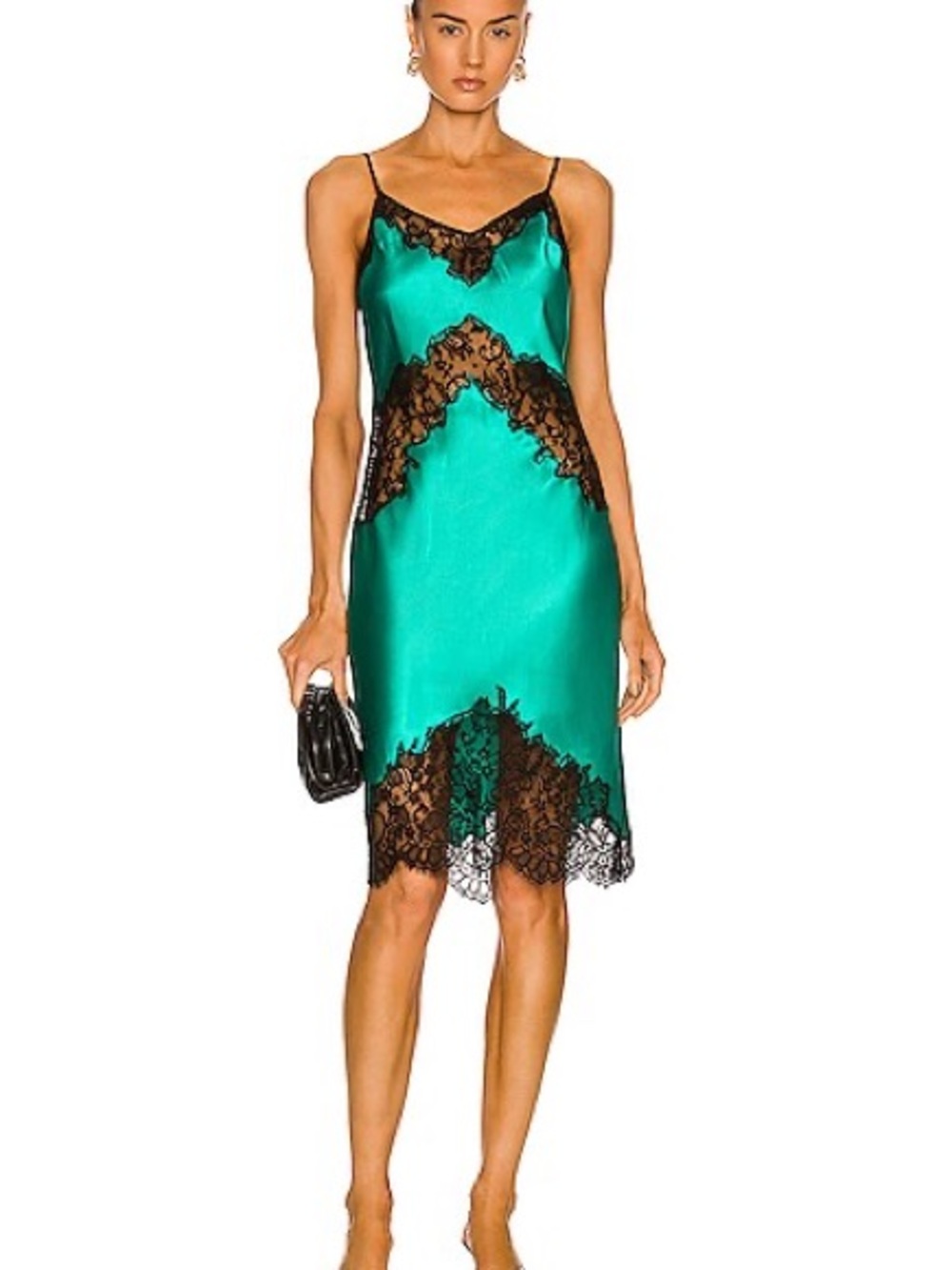 Fleur du Mal green silk Slip Dress with Black Lace Trim XS new